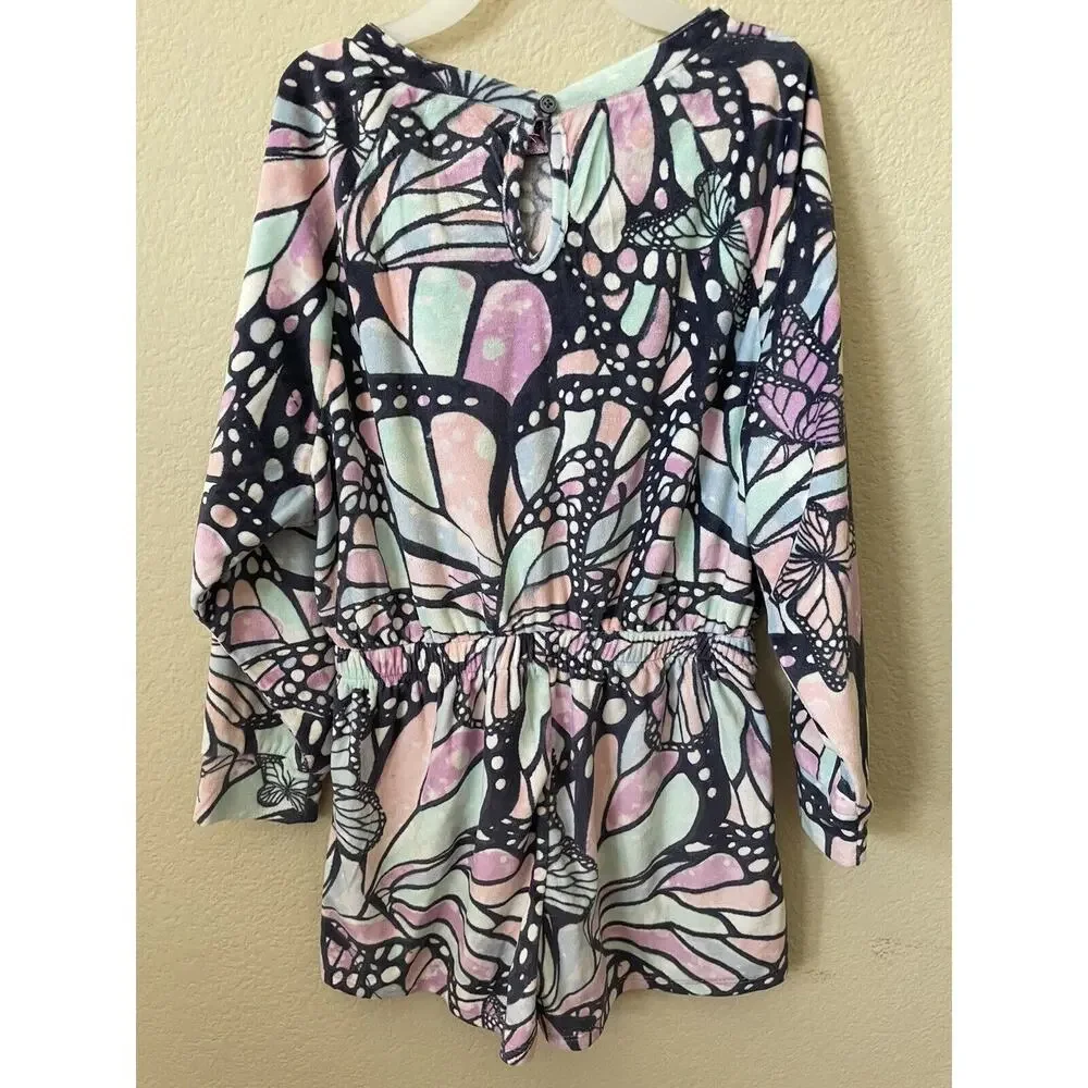Justice Butterfly Elastic Waist Long Sleeve Girls’ Romper Pajama Size S 7/8